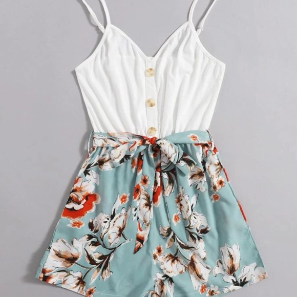 Shein Spliced Floral Belted Cami Romper -NWOT